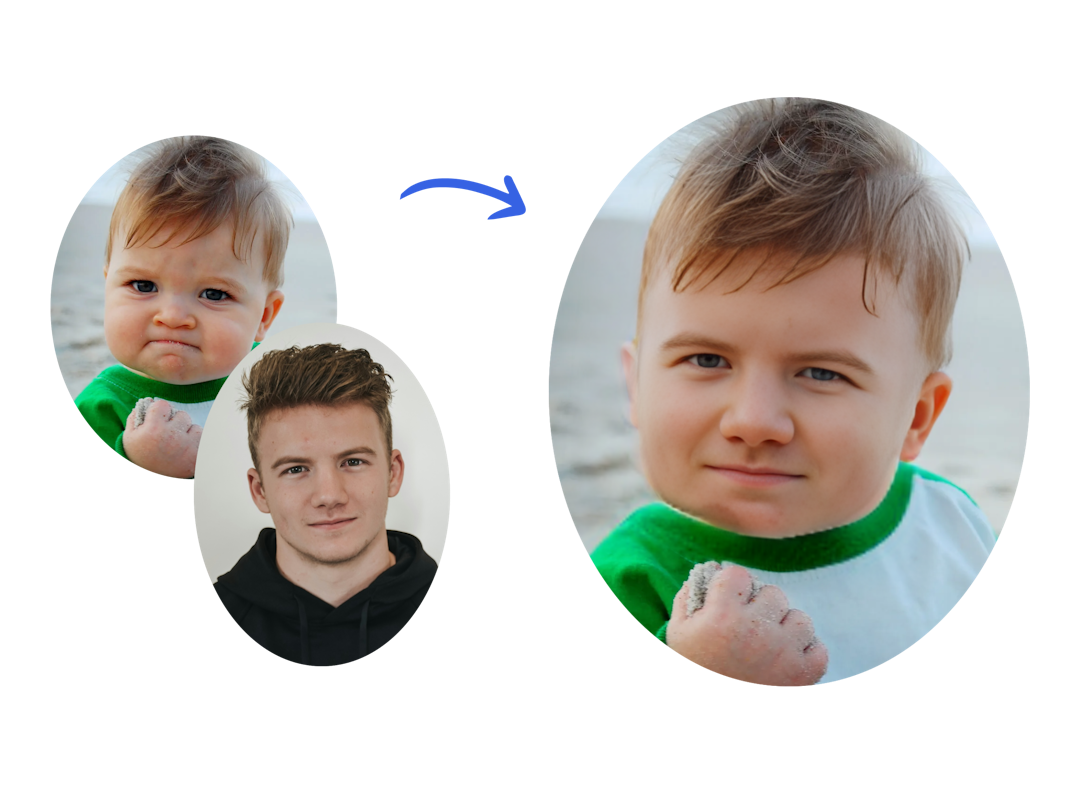 A meme of a little boy with a hilariously swapped face using an online AI face-swap tool.